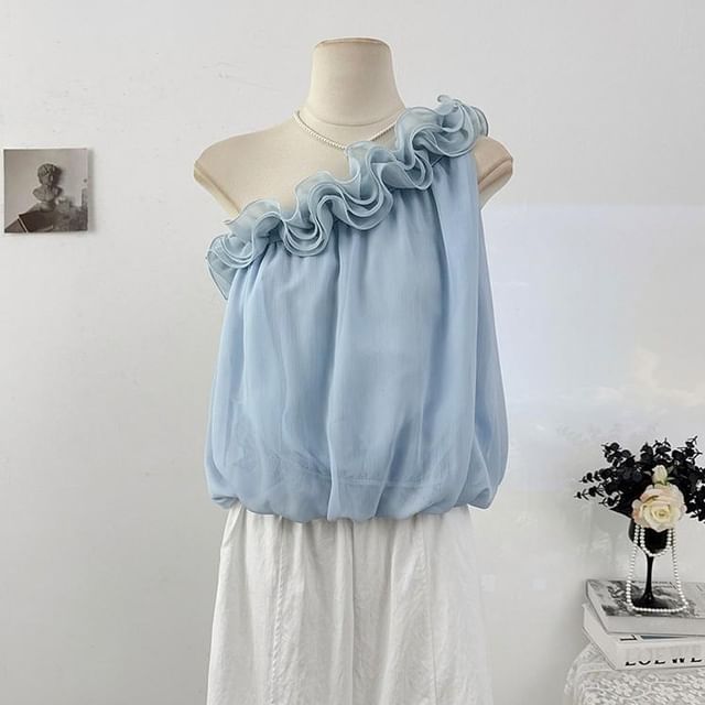 One-Shoulder Ruffle Hem Sleeveless Blouse