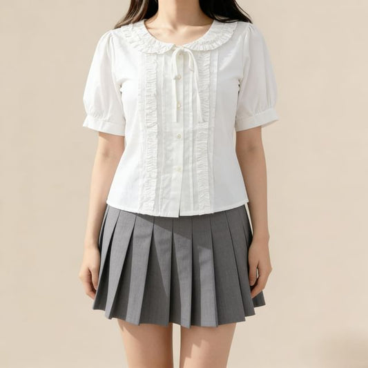 Collared Ruffle Front Button-Up Shirt - Short Sleeve