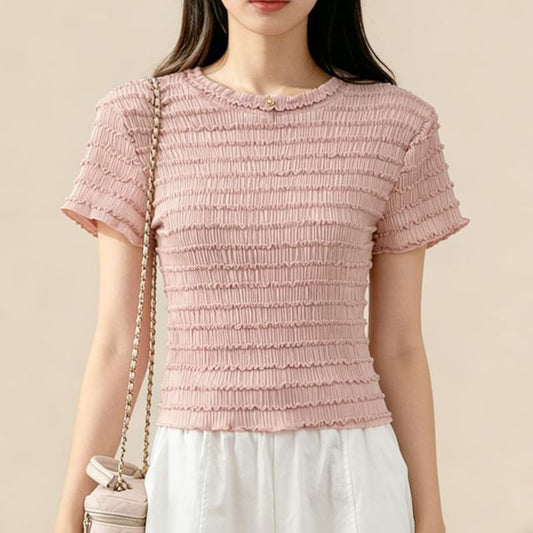Ruffle Accent Crew Neck Top - Short Sleeve