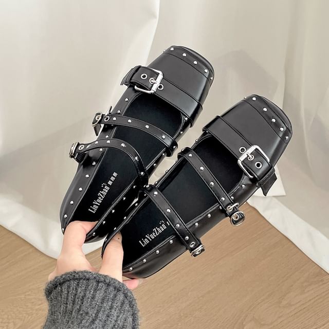Studded Mary Jane Faux Leather Flats