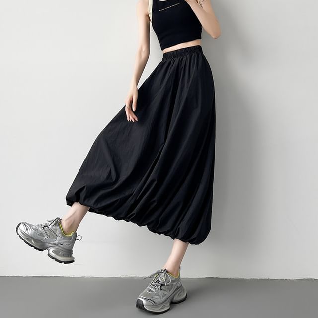 Elastic Waist Midi A-Line Skirt