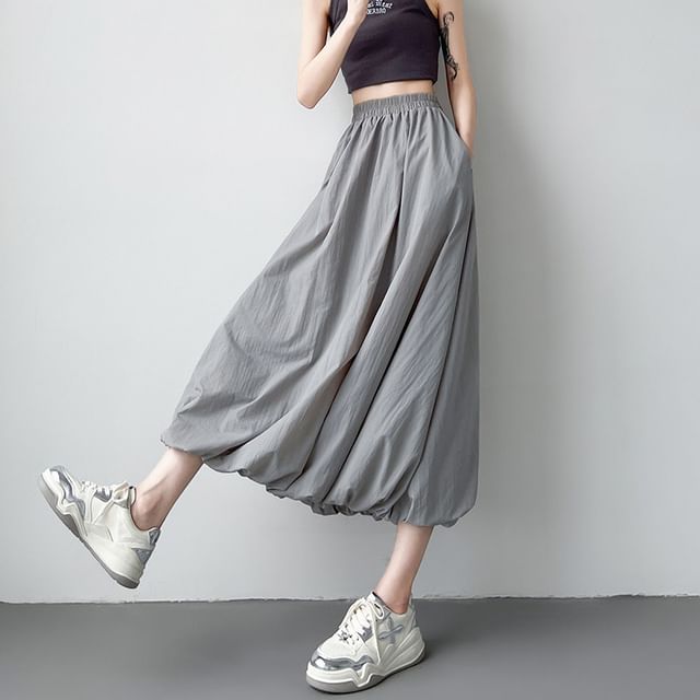 Elastic Waist Midi A-Line Skirt