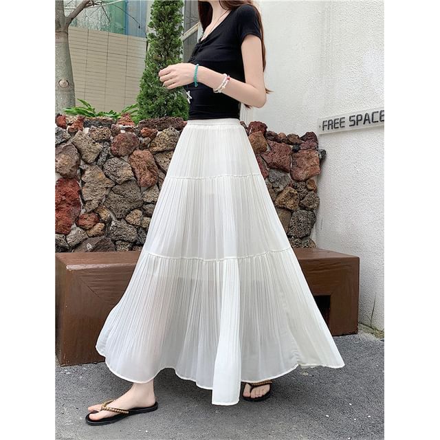 Pleated Maxi Skirt with Elastic Waist