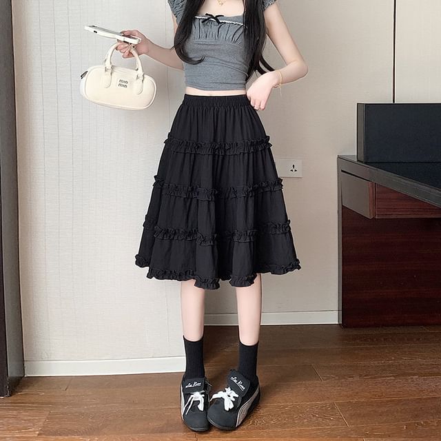 High-Waist Ruffle Trim A-Line Skirt