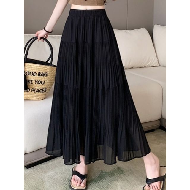 Pleated Maxi Skirt with Elastic Waist