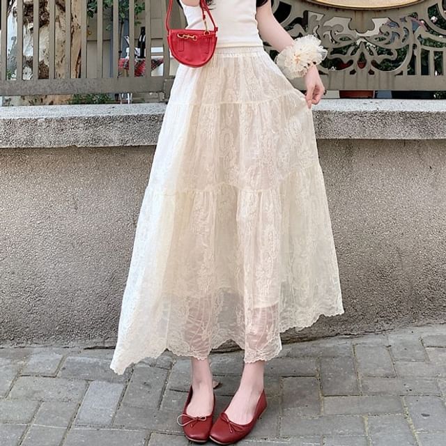 Lace Trim Maxi A-Line Skirt with Mid Rise