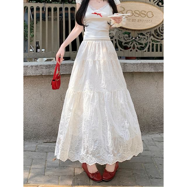 Lace Trim Maxi A-Line Skirt with Mid Rise