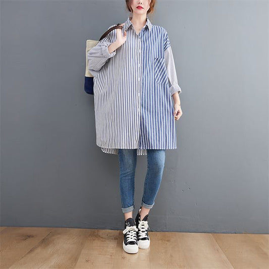 Two-Tone Striped Long Shirt - Collared