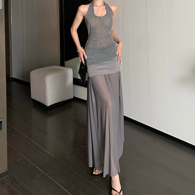 Black Halter Crop Top and High Waist Maxi Skirt Set