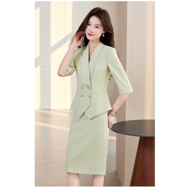 Elbow-Sleeve Double-Breasted Blazer and Midi Pencil Skirt Set
