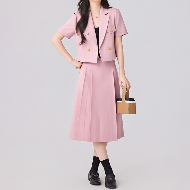 Short-Sleeve Double-Breasted Blazer and Pleated Midi A-Line Skirt Set