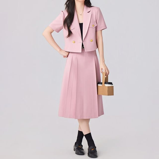 Short-Sleeve Double-Breasted Blazer and Pleated Midi A-Line Skirt Set