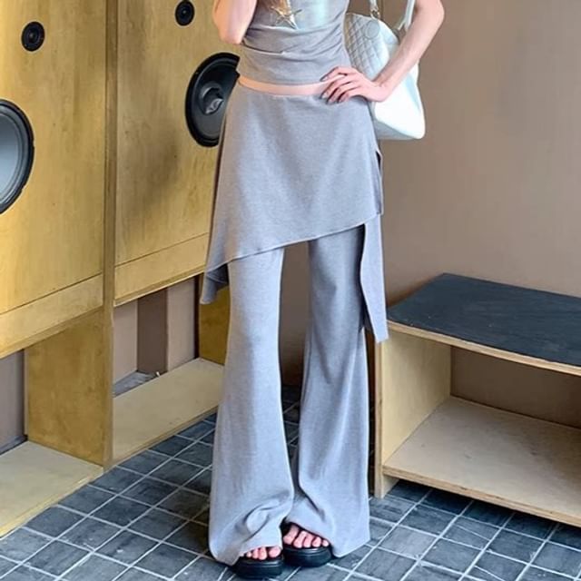 Ruched Crew Neck Tee with High-Waist Flared Pants