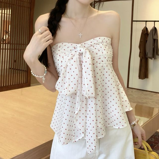 Flowy Bow-Adorned Tube Top with Polka Dots