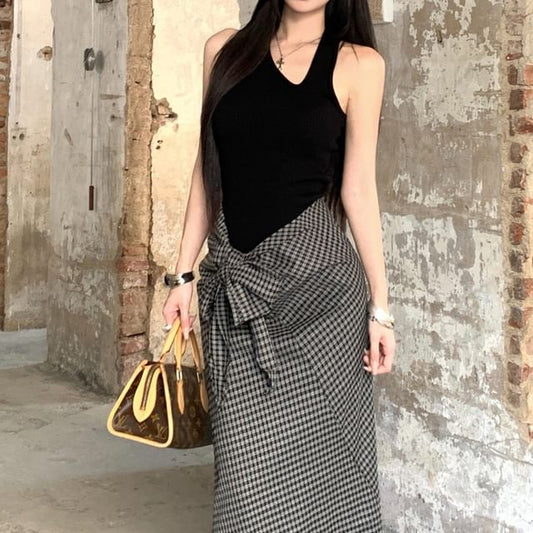 Asymmetric Tank Top with Plaid Tie-Up Maxi Pencil Skirt