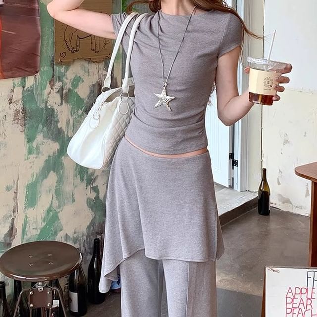 Ruched Crew Neck Tee with High-Waist Flared Pants