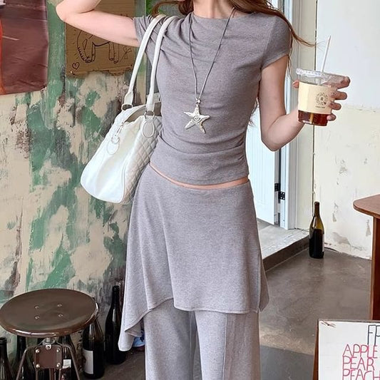 Ruched Crew Neck Tee with High-Waist Flared Pants