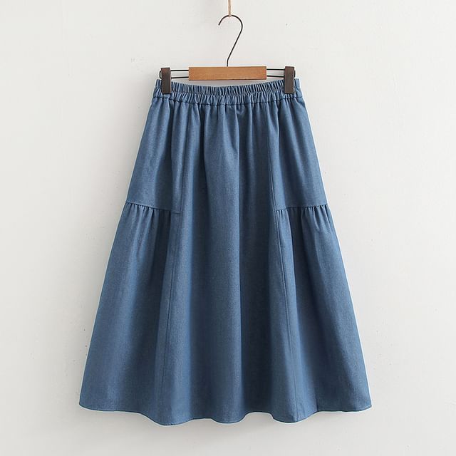 High Waist Denim Midi A-Line Skirt