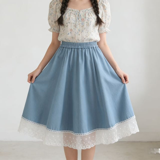 Elastic Waist Lace Panel Denim Maxi A-Line Skirt