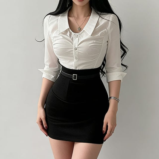 Ruched Collared Shirt - Three Quarter Sleeve