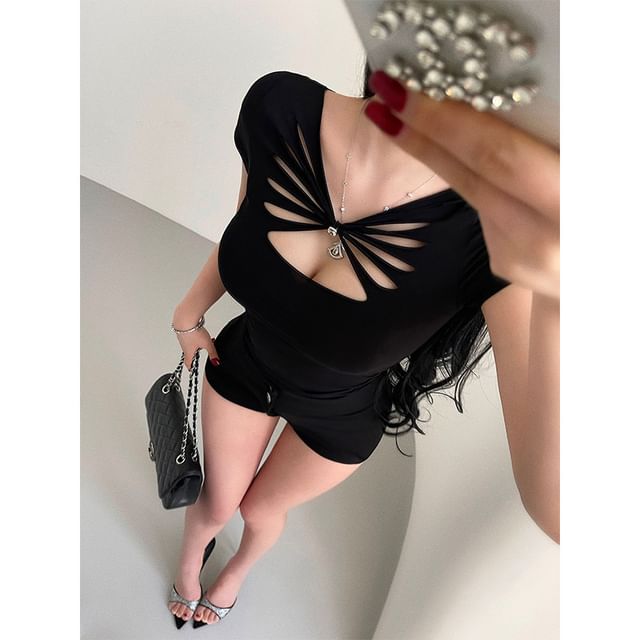 V-Neck Rhinestone Cutout Top - Short Sleeve