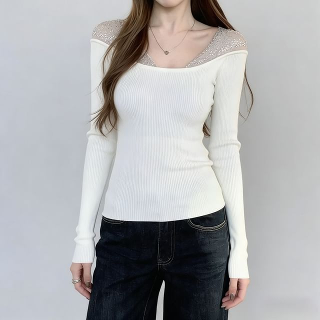 Sequin Panel Crop Top with V-Neck and Long Sleeves