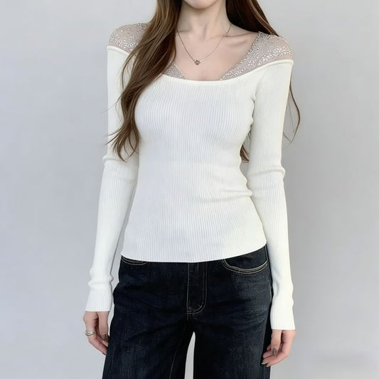 Sequin Panel Crop Top with V-Neck and Long Sleeves