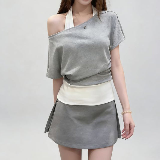 Cold Shoulder Crop Tee with Short Sleeves and Mock Layering