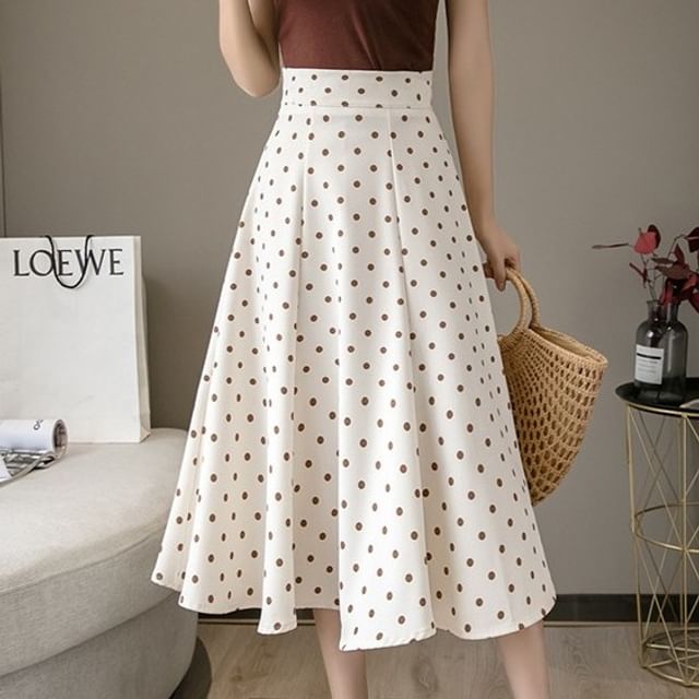 High Waist Polka Dot Midi A-Line Skirt