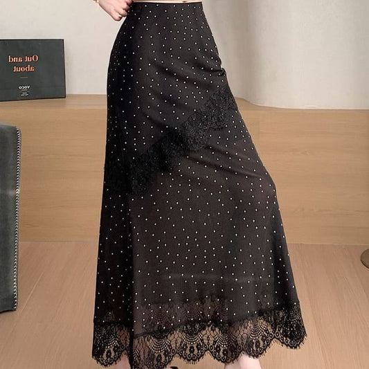 High Waist Polka Dot Asymmetrical Lace Panel Maxi Mermaid Skirt