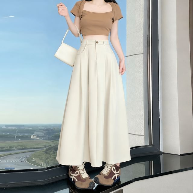 High Waist Plain Pleated Midi A-Line Skirt