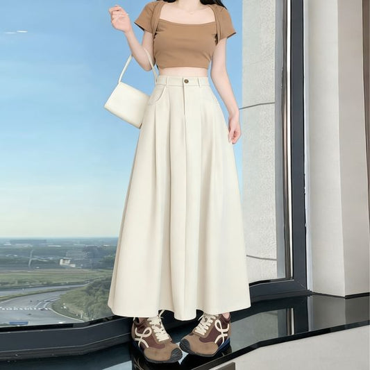 High Waist Plain Pleated Midi A-Line Skirt