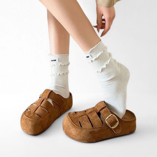 Platform Plain Buckled Faux Suede Mules