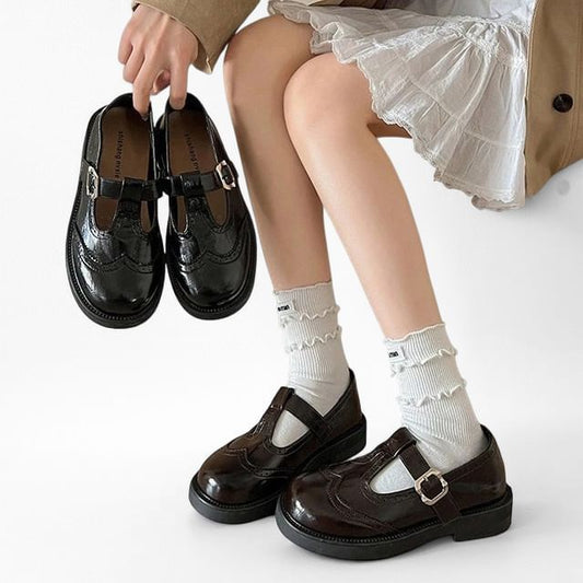 Platform T-Strap Faux Leather Wingtip Brogue Mary Jane Shoes