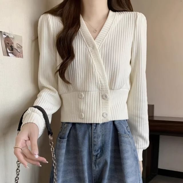 V-Neck Plain Ribbed Knit Cardigan