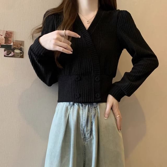 V-Neck Plain Ribbed Knit Cardigan