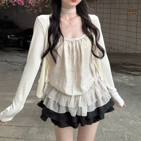 Set: Dotted Ruffled Drawstring Camisole Top + Plain Cardigan