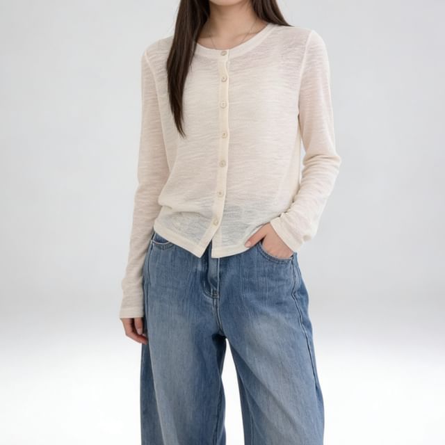 Crew Neck Button-Up Plain Sheer Cardigan