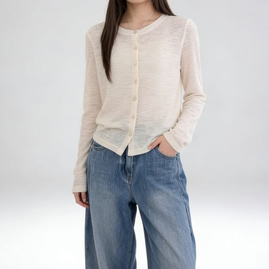 Crew Neck Button-Up Plain Sheer Cardigan