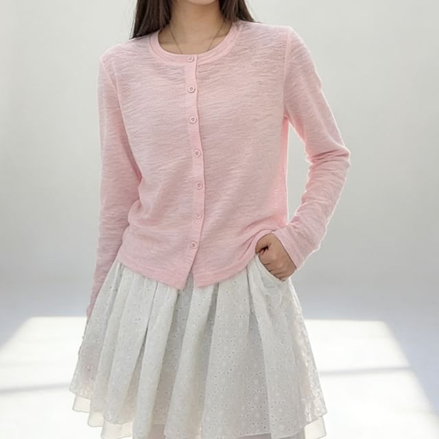 Crew Neck Button-Up Plain Sheer Cardigan