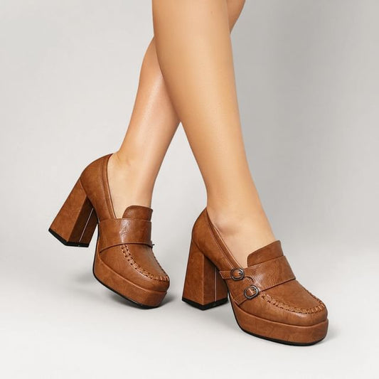 Faux Leather Buckled Platform Chunky Heel Loafers