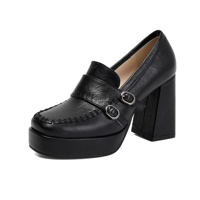 Faux Leather Buckled Platform Chunky Heel Loafers