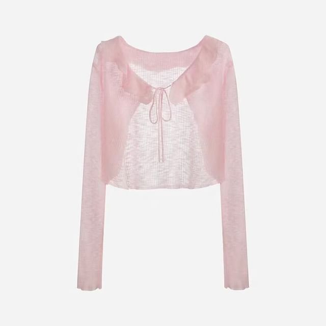 V-Neck Plain Ruffle Ribbed Tie Front Cardigan