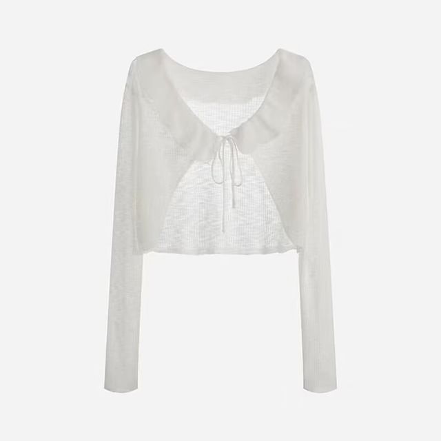 V-Neck Plain Ruffle Ribbed Tie Front Cardigan
