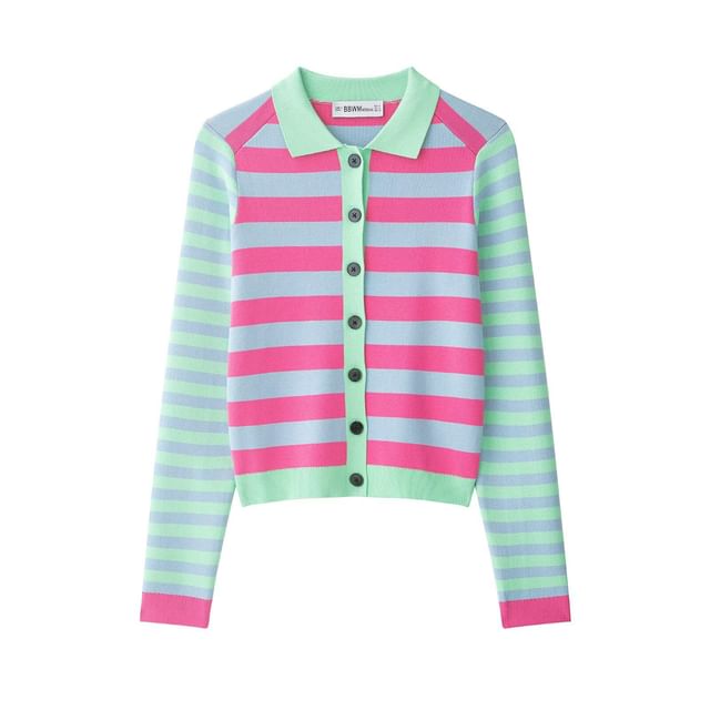 Collared Multicolor Striped Cardigan