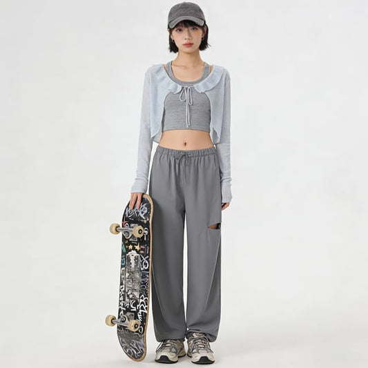 V-Neck Plain Ruffle Ribbed Tie Front Cardigan