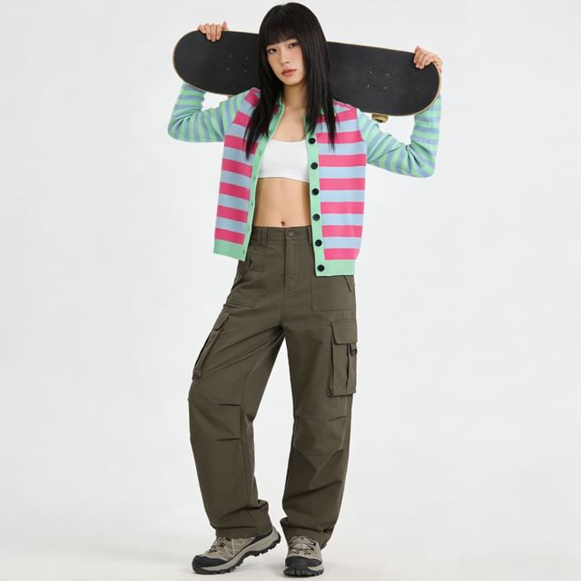 Collared Multicolor Striped Cardigan