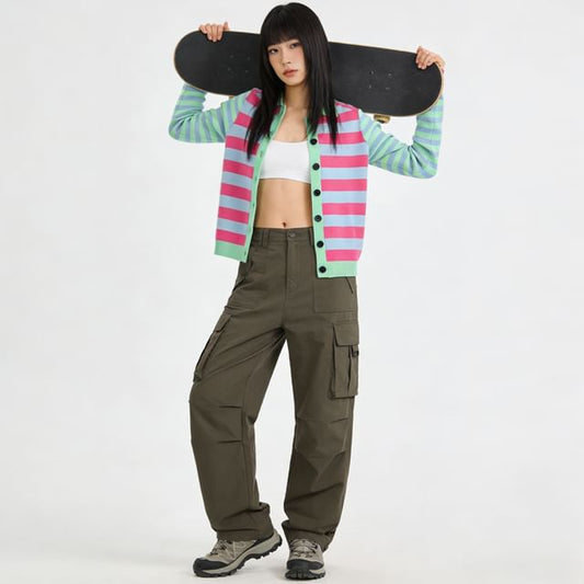 Collared Multicolor Striped Cardigan