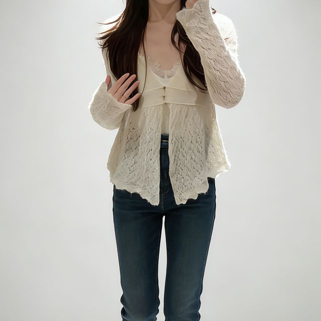 V-Neck Plain Peplum Pointelle Knit Cardigan