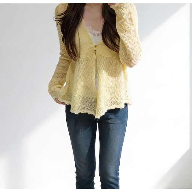 V-Neck Plain Peplum Pointelle Knit Cardigan